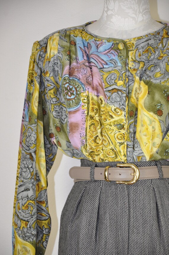 90s botanical print silk shirt / baroque puff sle… - image 4