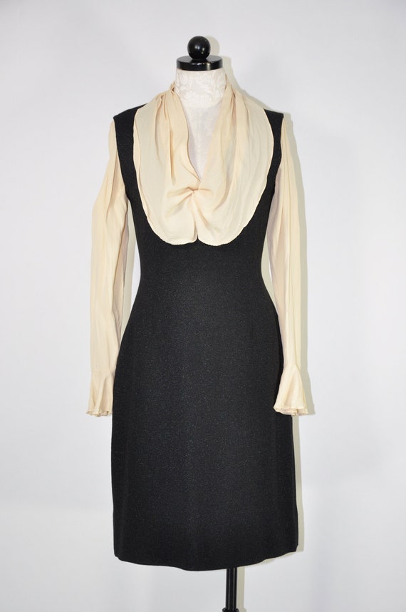 60s black knit shift dress / 1960s metallic V nec… - image 1