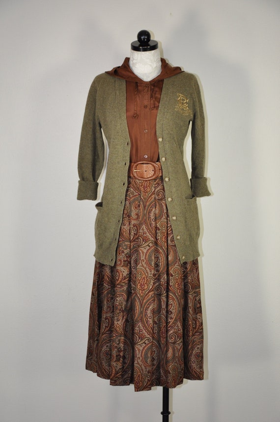 80s cinnamon midi skirt / paisley print wool skirt
