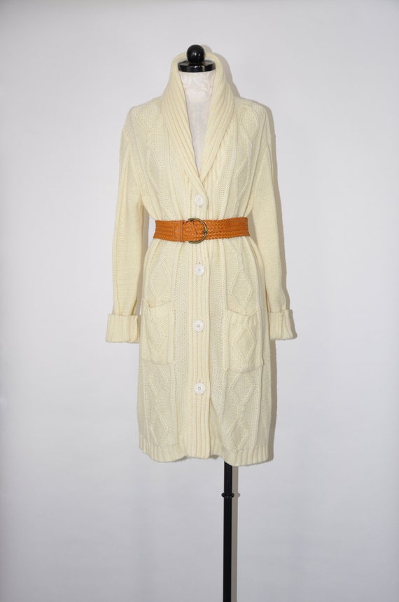 70s cream long cardigan / 1970s cable knit cardiga