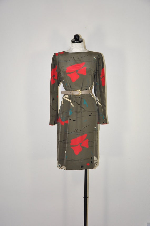 80s gray silk shift dress / vintage poppy print dr