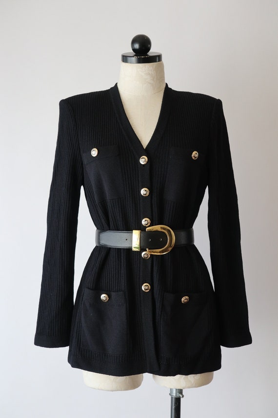 black wool military cardigan / gold buttons knit b