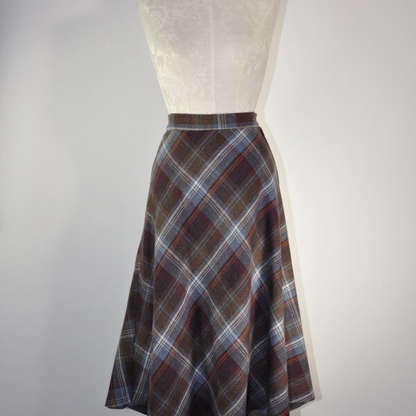 70s blue brown tartan skirt / vintage 1970s A line midi wool skirt / Bias Plaid skirt