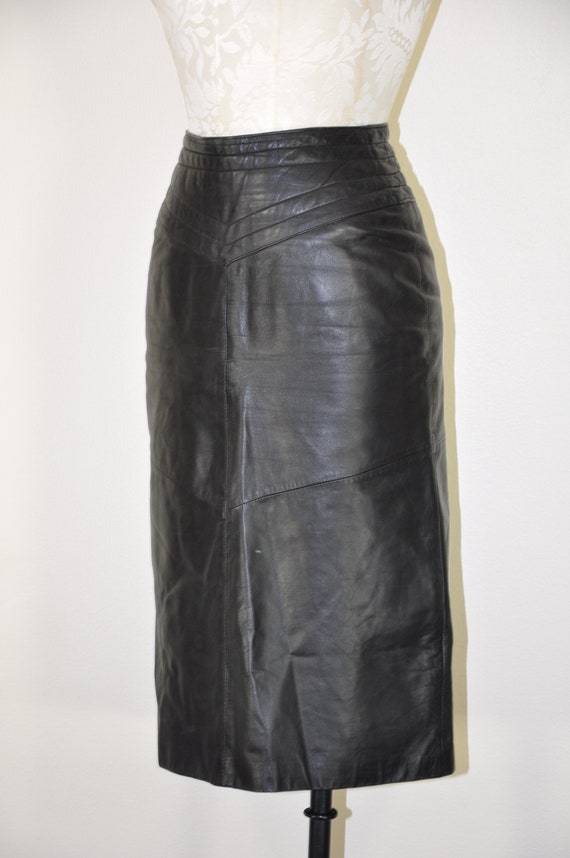 black leather midi skirt / quilted long pencil sk… - image 10