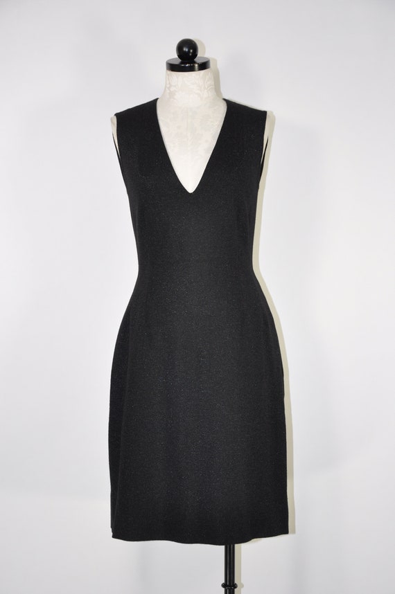 60s black knit shift dress / 1960s metallic V nec… - image 4