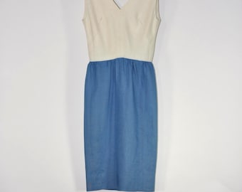 50s Larry Aldrich Colorblock Leinen Pencil Dress / cremefarbenes und blaues ärmelloses Wackelkleid