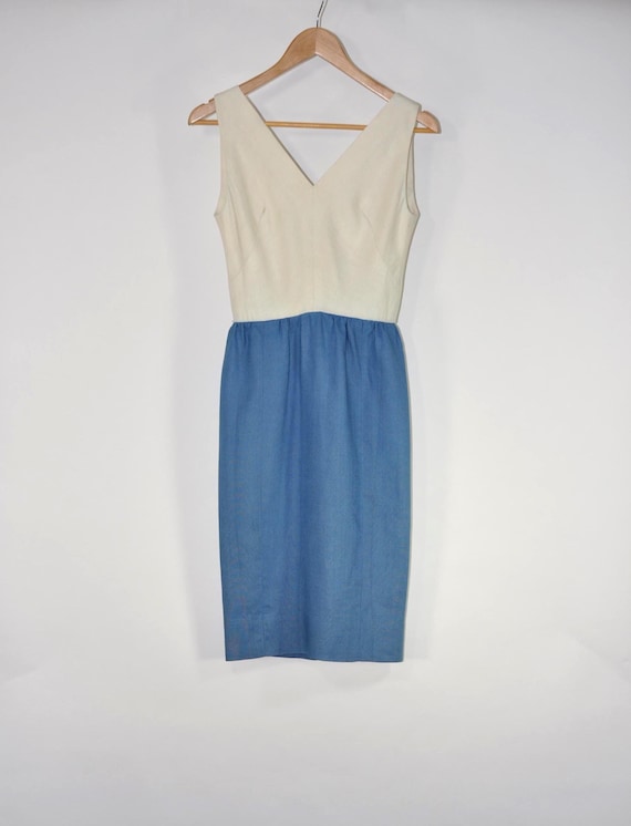 50s Larry Aldrich colorblock linen pencil dress / cream and blue sleeveless wiggle dress 50s Larry Aldrich colorblock linen pencil dress / cream and blue sleeveless wiggle dress