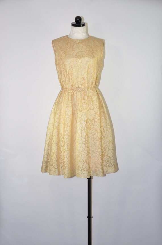 60s gold lamé cocktail dress / sheer floral babydo