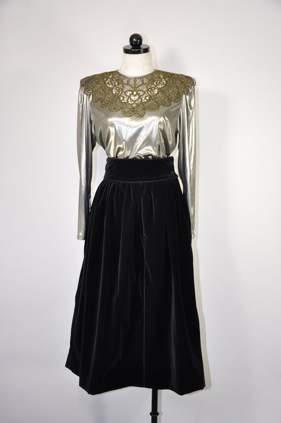 90s liquid silver blouse / 1990s gunmetal lurex sh