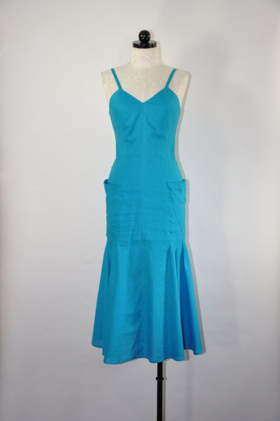 90s turquoise linen dress / back buttons sundress 