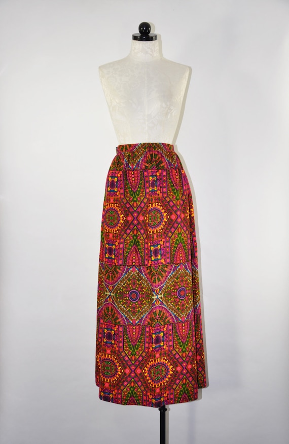 70s mosaic print maxi skirt / 1970s colorful long