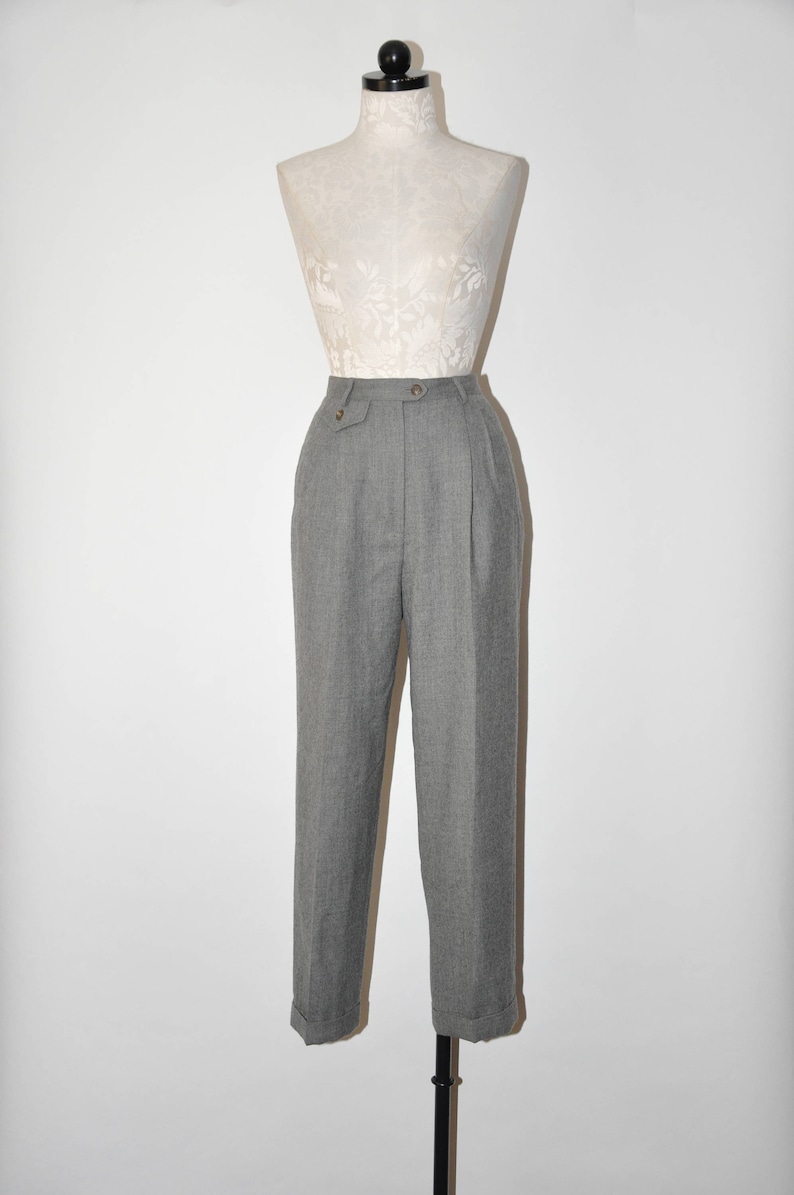 90s heather gray trousers 1980s pewter tapered pants vintage pleated wool pants