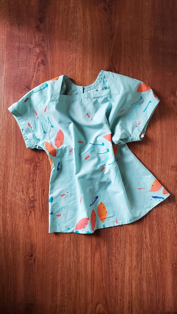 80s hand painted blouse /  1980s mint green shirt… - image 1