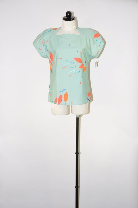 80s hand painted blouse /  1980s mint green shirt… - image 2