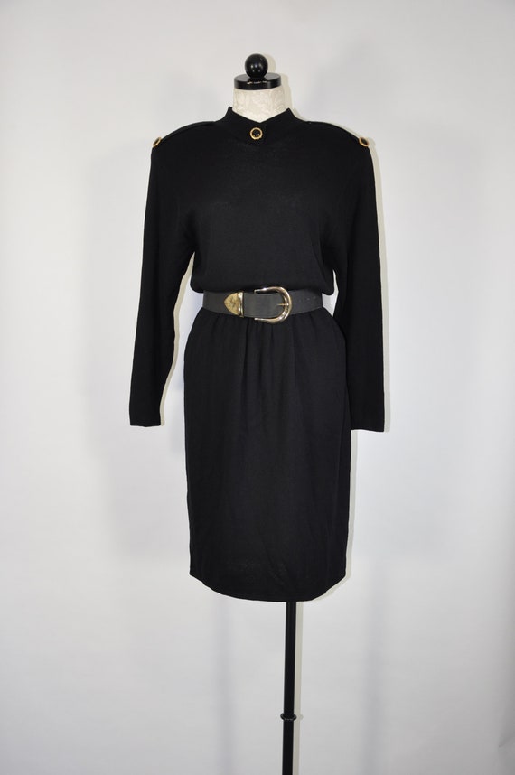 80s knit wool dress / black military dress / St Jo