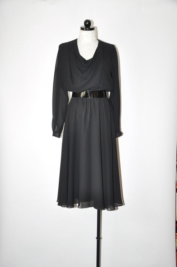 1970s black faux wrap dress / 70s sheer chiffon d… - image 1