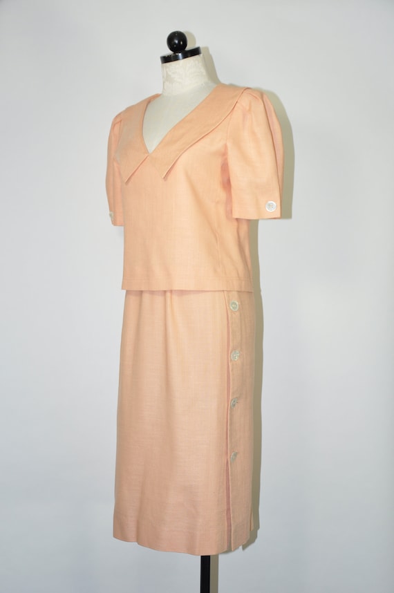 80s peach linen two piece dress / 1980s puff slee… - image 8