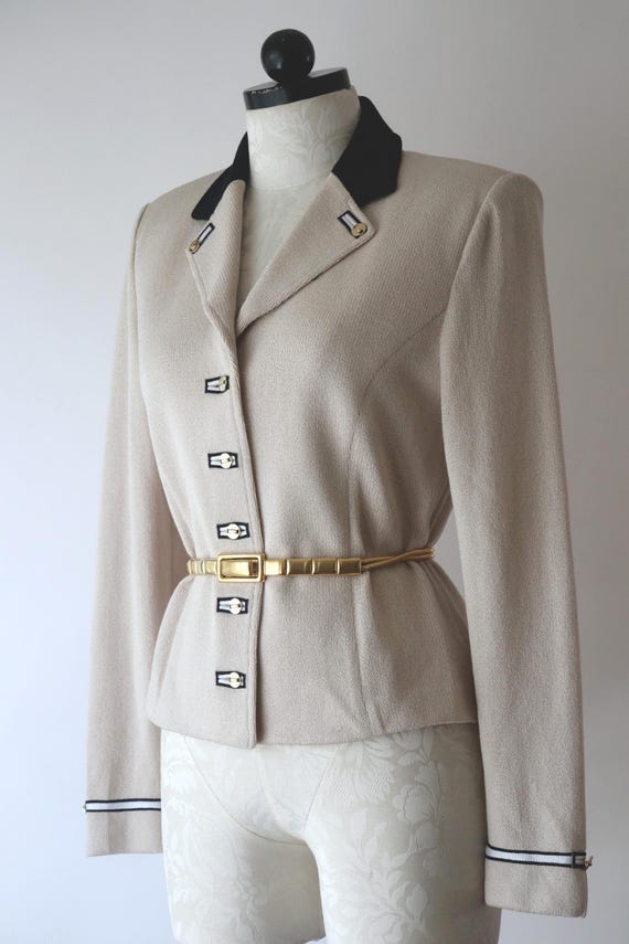 beige wool military jacket / gold buttons knit blazer… - Gem