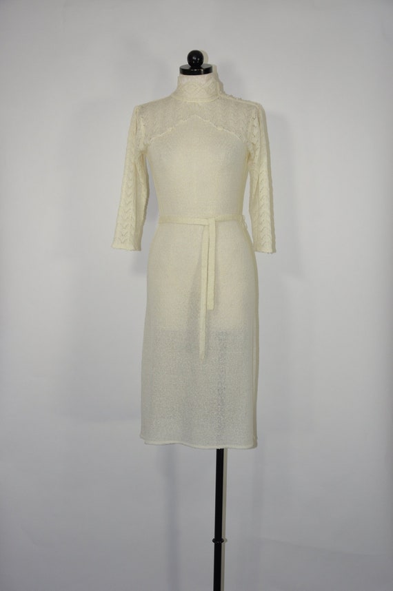 70s ivory pointelle knit dress / high neck knitte… - image 1