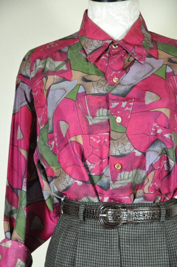 90s burgundy silk shirt / graphic print slouchy t… - image 3