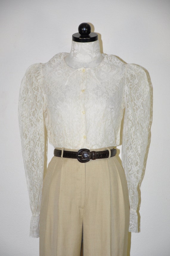 60s cream sheer lace blouse / victorian mutton sl… - image 2