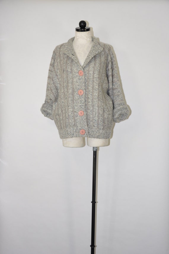 80s gray mohair cardigan / 1980s fuzzy knit short