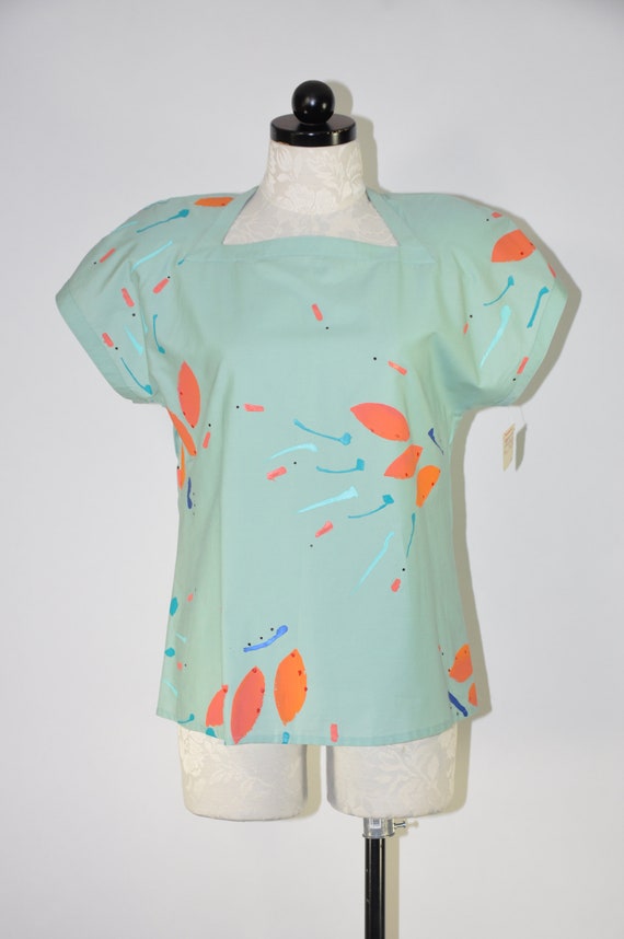 80s hand painted blouse /  1980s mint green shirt… - image 3