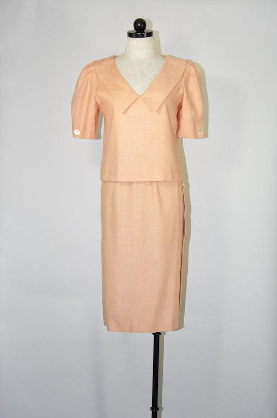 80s peach linen two piece dress / 1980s puff slee… - image 1