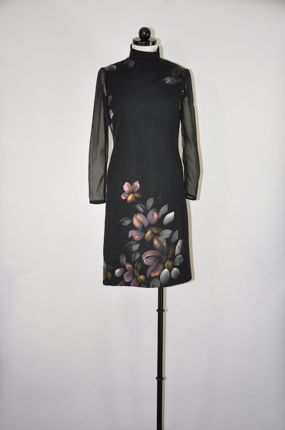 60s black cocktail dress / hand painted floral lbd