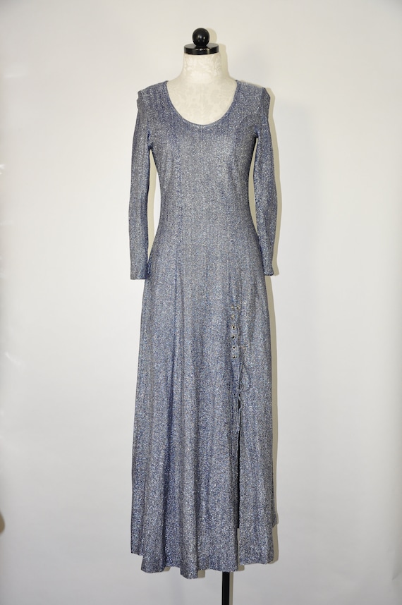 70s blue metallic long dress / 1970s sparkle leg s