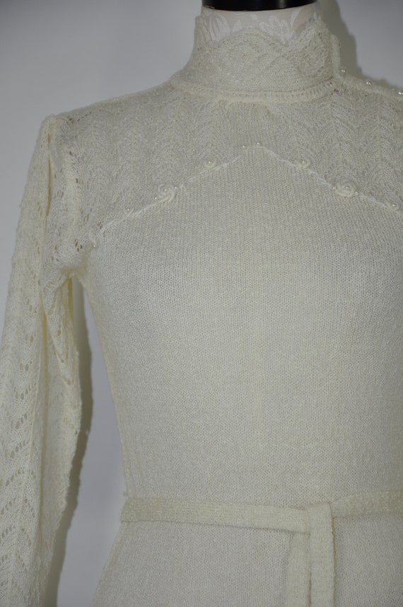 70s ivory pointelle knit dress / high neck knitte… - image 3