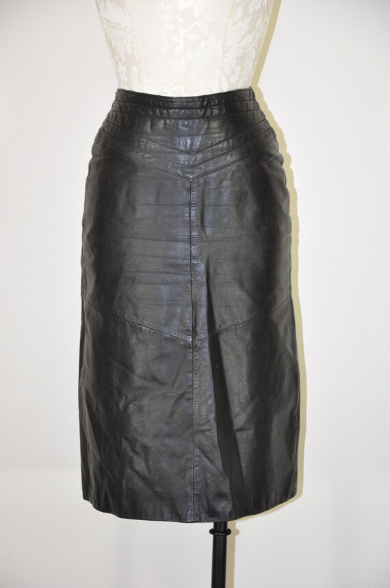 black leather midi skirt / quilted long pencil sk… - image 5