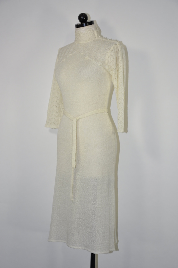 70s ivory pointelle knit dress / high neck knitte… - image 9
