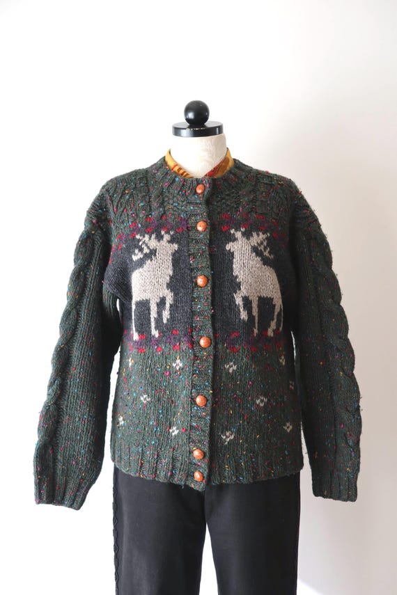 90s Green Chunky Knit Wool Reindeer Cardigan / Vintage Woolrich 