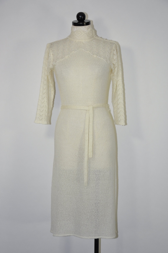 70s ivory pointelle knit dress / high neck knitte… - image 2