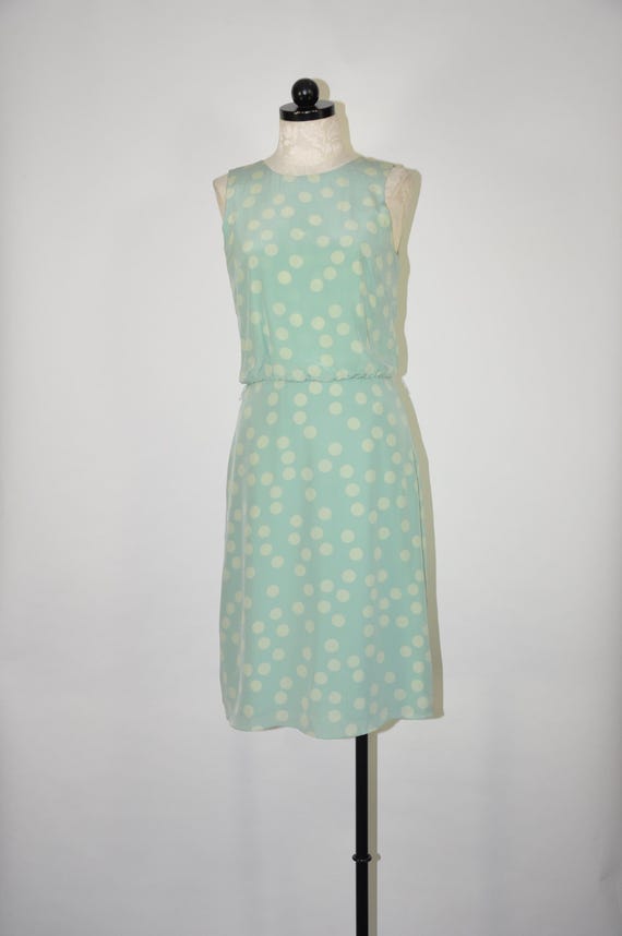 90s seafoam green polka dot silk dress / vintage Y2K pale mint back buttons dress