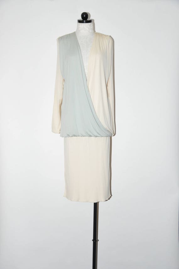 80s draped grecian dress / 1980s long sleeve dress
