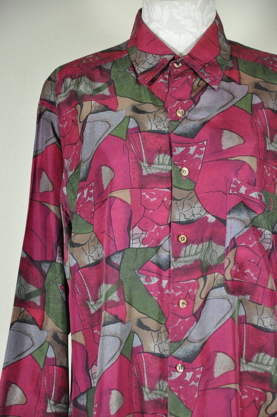 90s burgundy silk shirt / graphic print slouchy t… - image 5