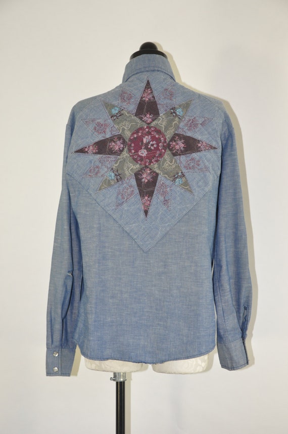 1970s quilted blue jean top / 70 chambray camp sh… - image 2