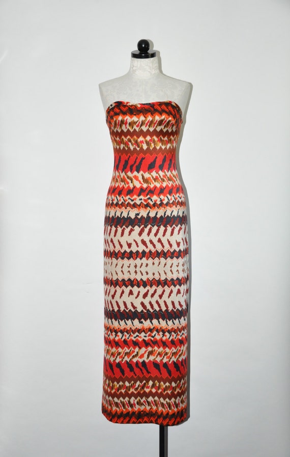 60s fire red striped maxi dress / 1960s strapless… - image 3