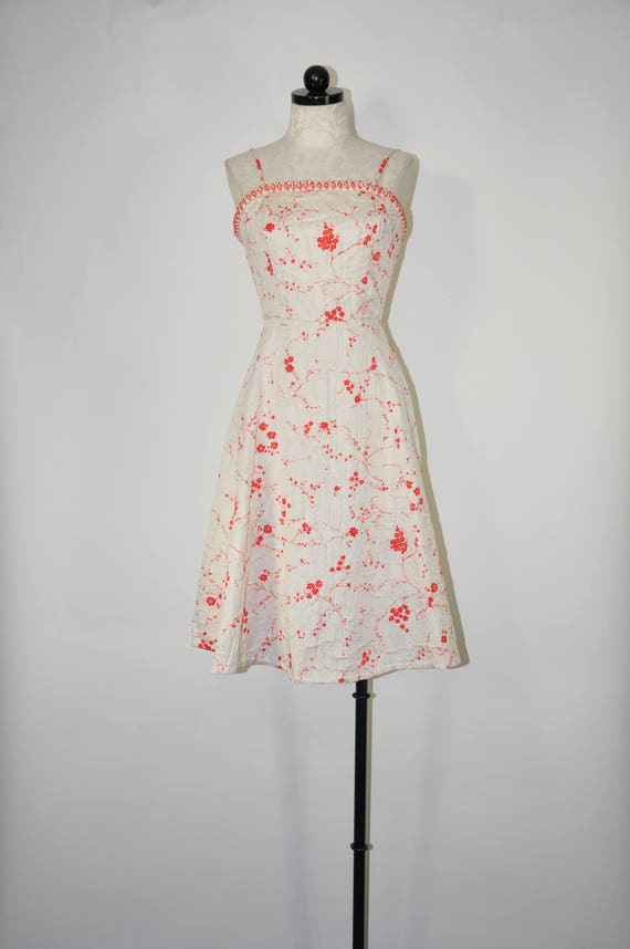 50s white floral strappy dress / 1950s red cherry 