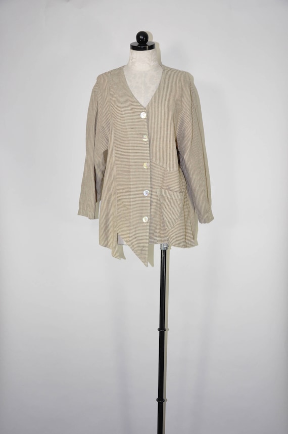 90s striped natural linen jacket / asymmetrical li