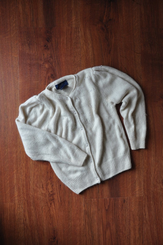 80s Angora Beaded Sweater / Cream Puff Sleeve Knit Top