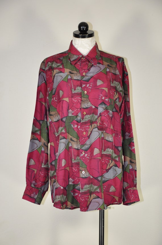 90s burgundy silk shirt / graphic print slouchy t… - image 4