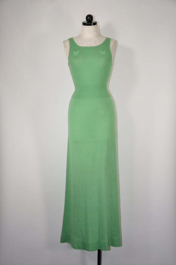 70s grass green dress / 1970s knit maxi dress / sl