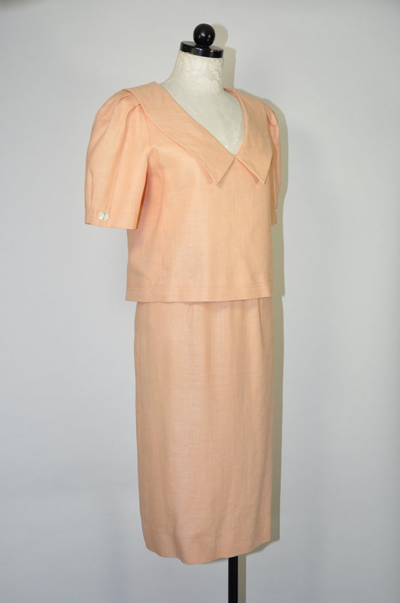 80s peach linen two piece dress / 1980s puff slee… - image 4