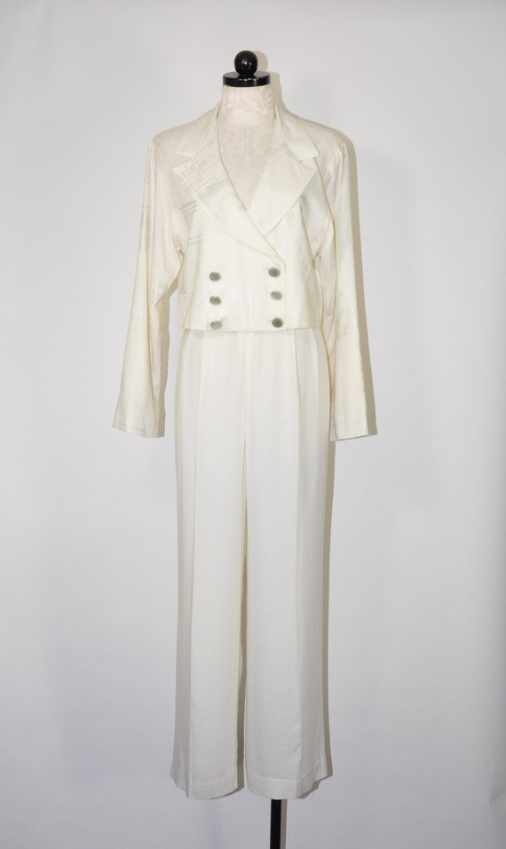 90s white linen pant suit / 1990s two piece power 