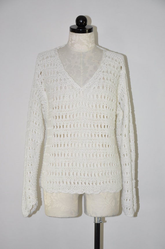 90s White Cotton Sweater / 1990s Macrame Sweater / Holey - Etsy