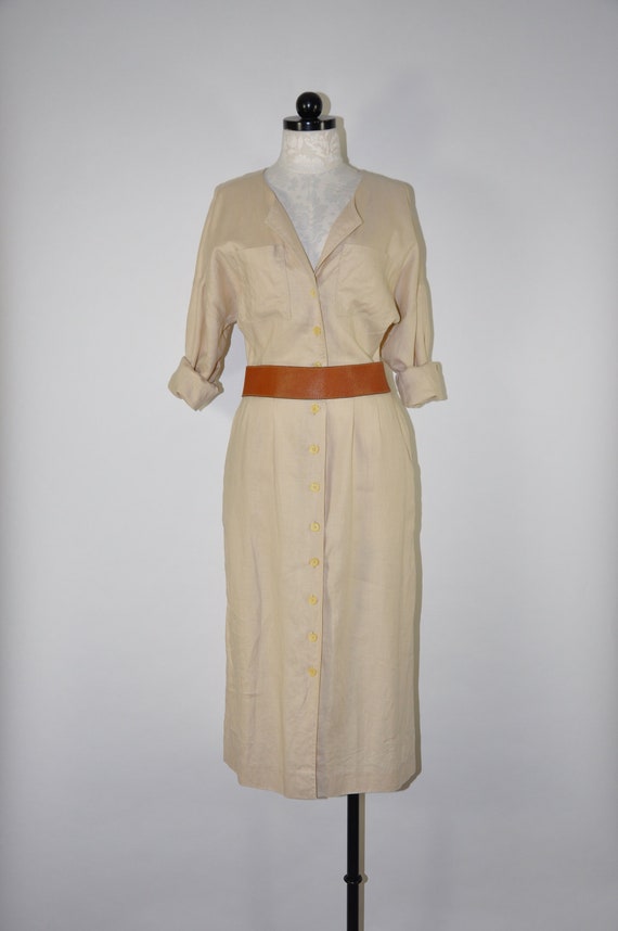 1990s natural linen midi dress / beige long sleeve