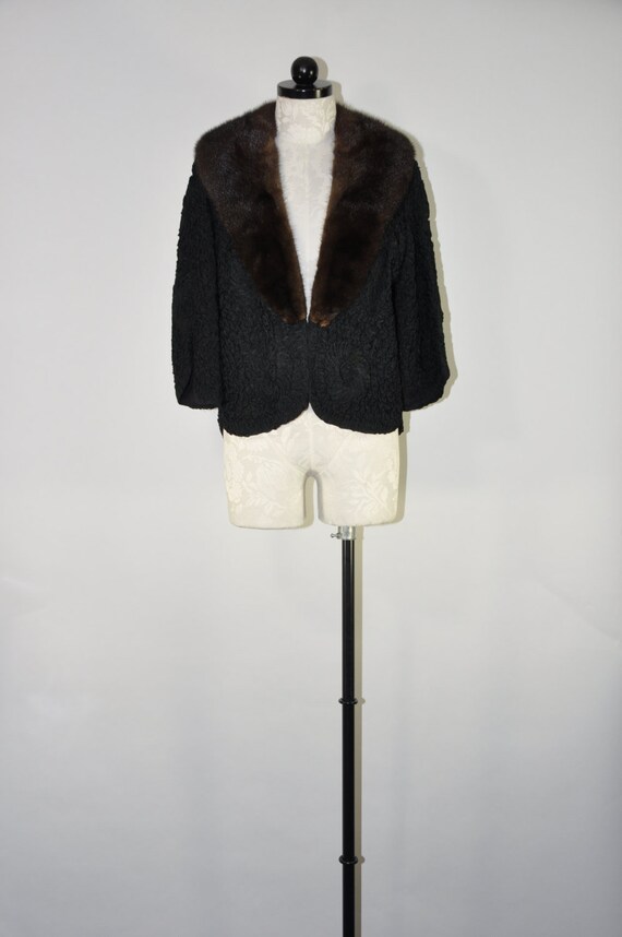50s black soutache jacket / 1950s mink collar jack